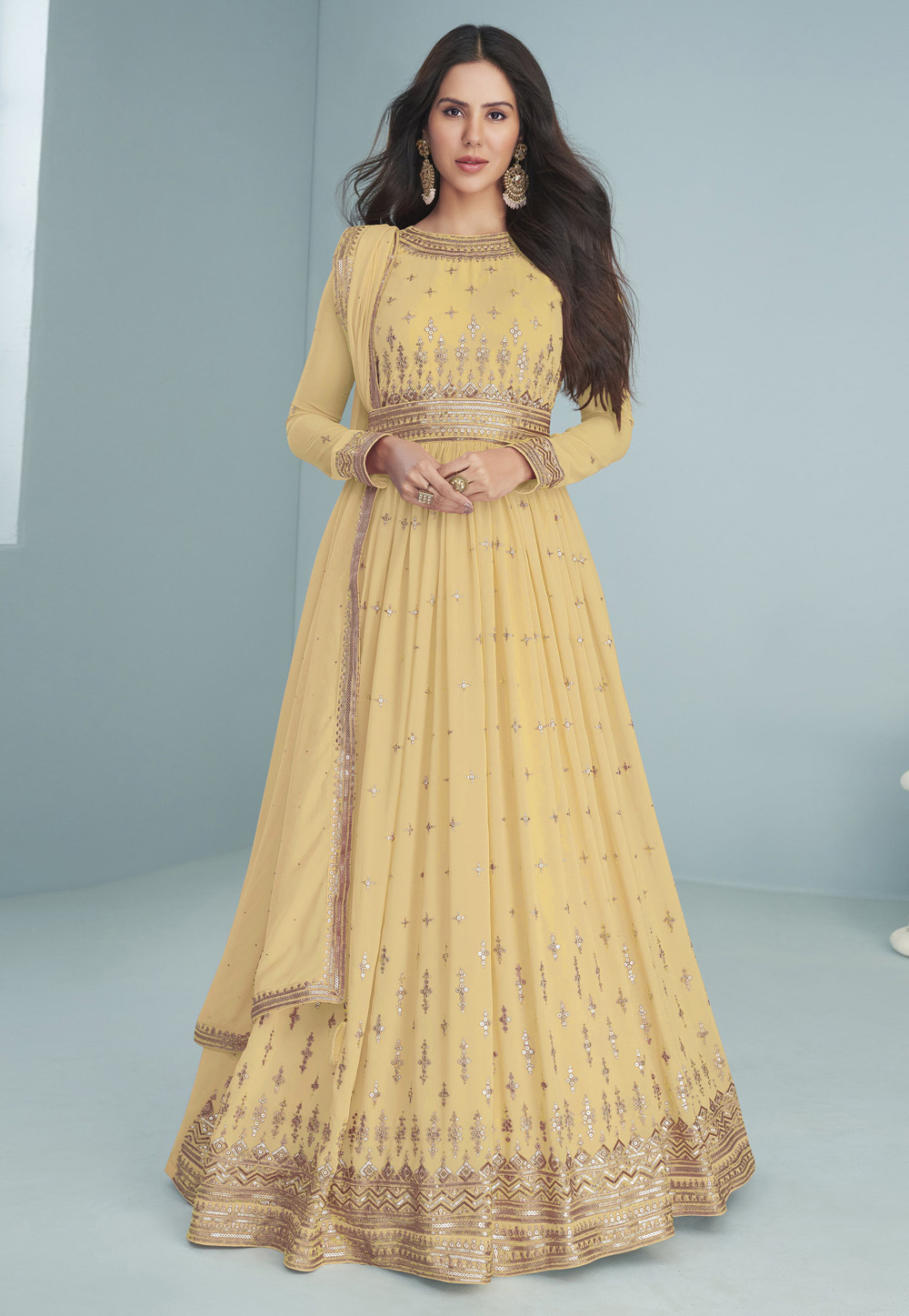 Yellow Faux Georgette Long Anarkali Suit 256076