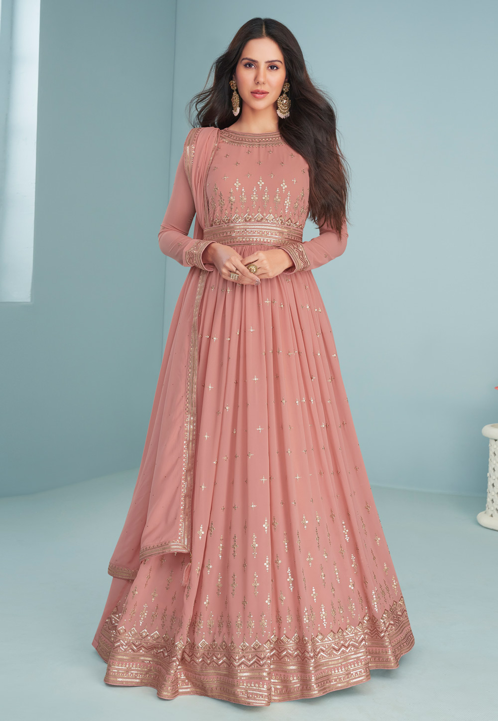 Pink Georgette Abaya Style Anarkali Suit 248539