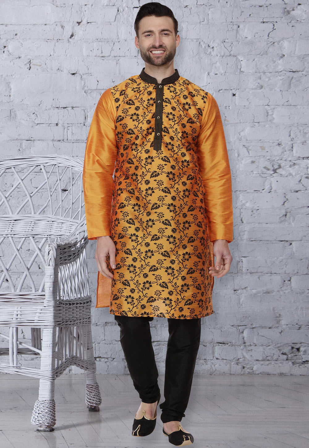 Mustard Dupion Silk Readymade Kurta Pajama 160953