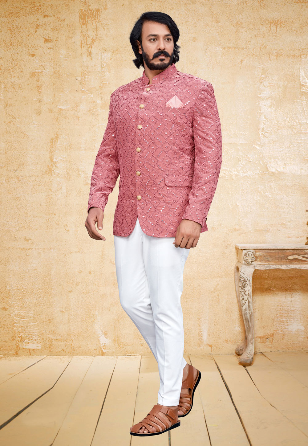 Pink Velvet Jodhpuri Suit 249331