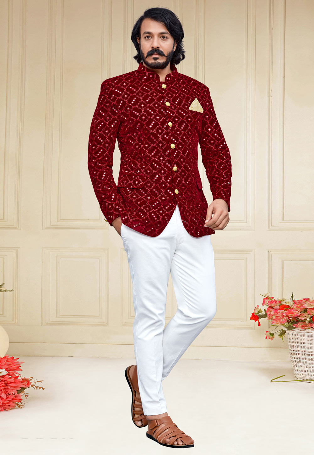 Maroon Velvet Jodhpuri Suit 249333