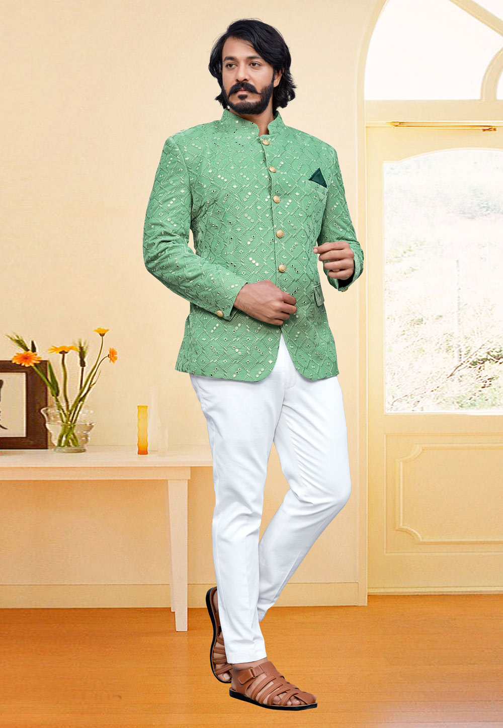Pista Green Velvet Jodhpuri Suit 249335