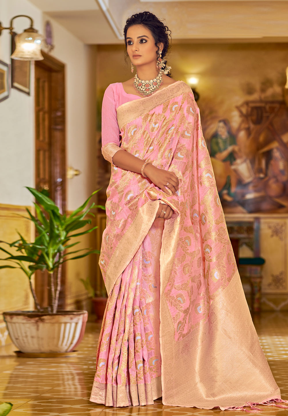 Pink Linen Festival Wear Saree 242576