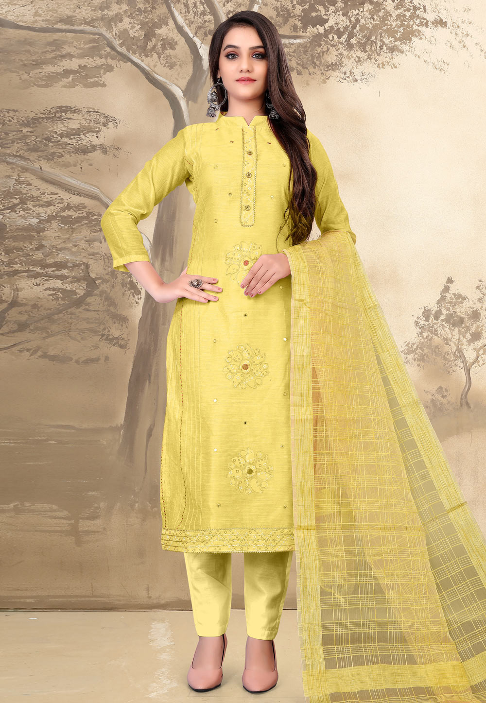 Yellow Chanderi Pant Style Suit 233175