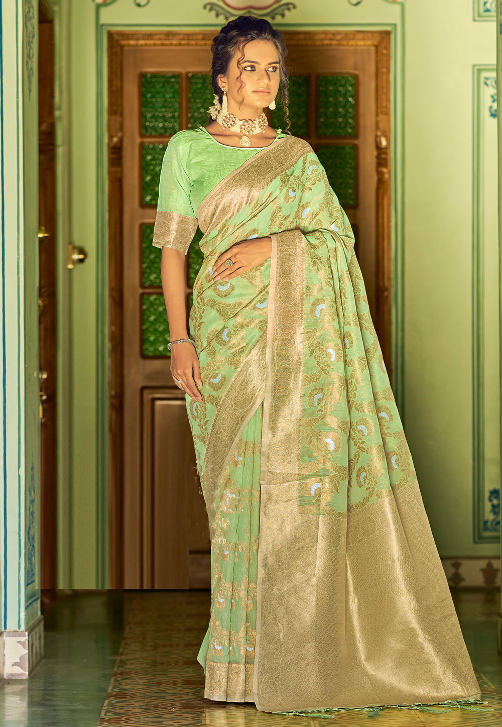Light Green Linen Festival Wear Saree 242578