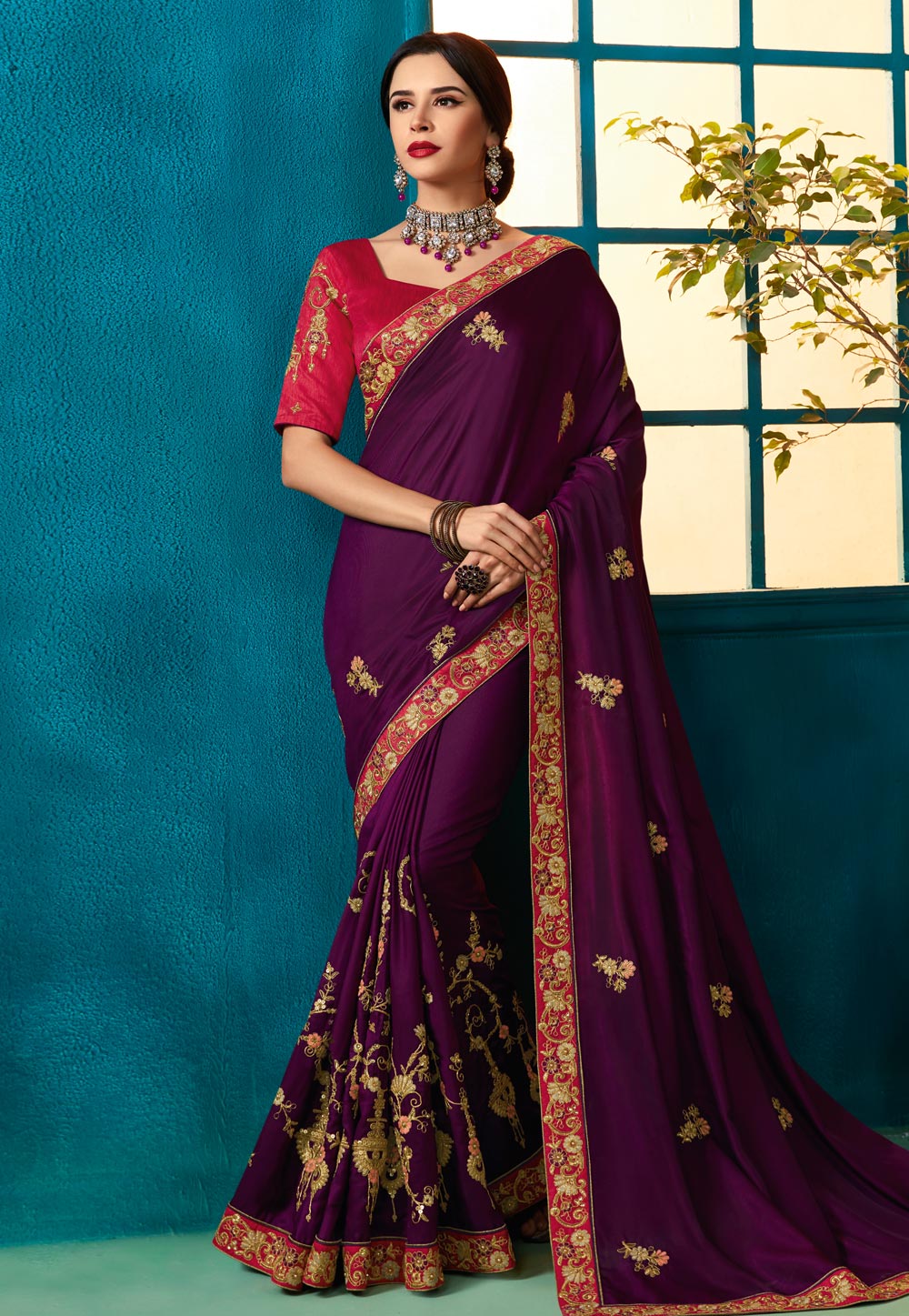 Purple Silk Embroidered Saree With Blouse 156215