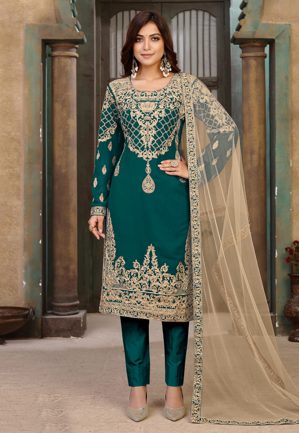 Teal Faux Georgette Pant Style Suit 230687