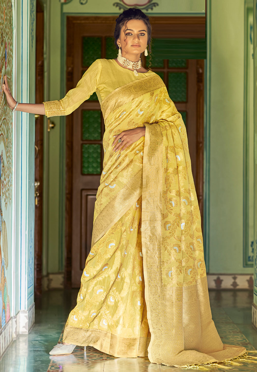 Yellow Linen Festival Wear Saree 242580