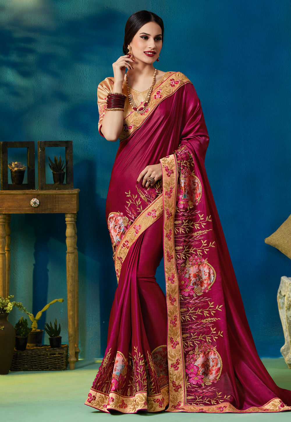 Magenta Silk Festival Wear Saree 156220