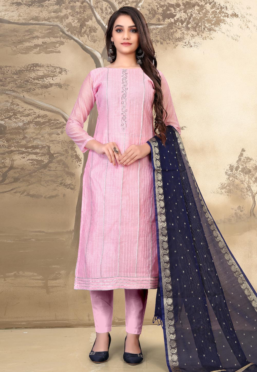 Pink Chanderi Pant Style Suit 233183