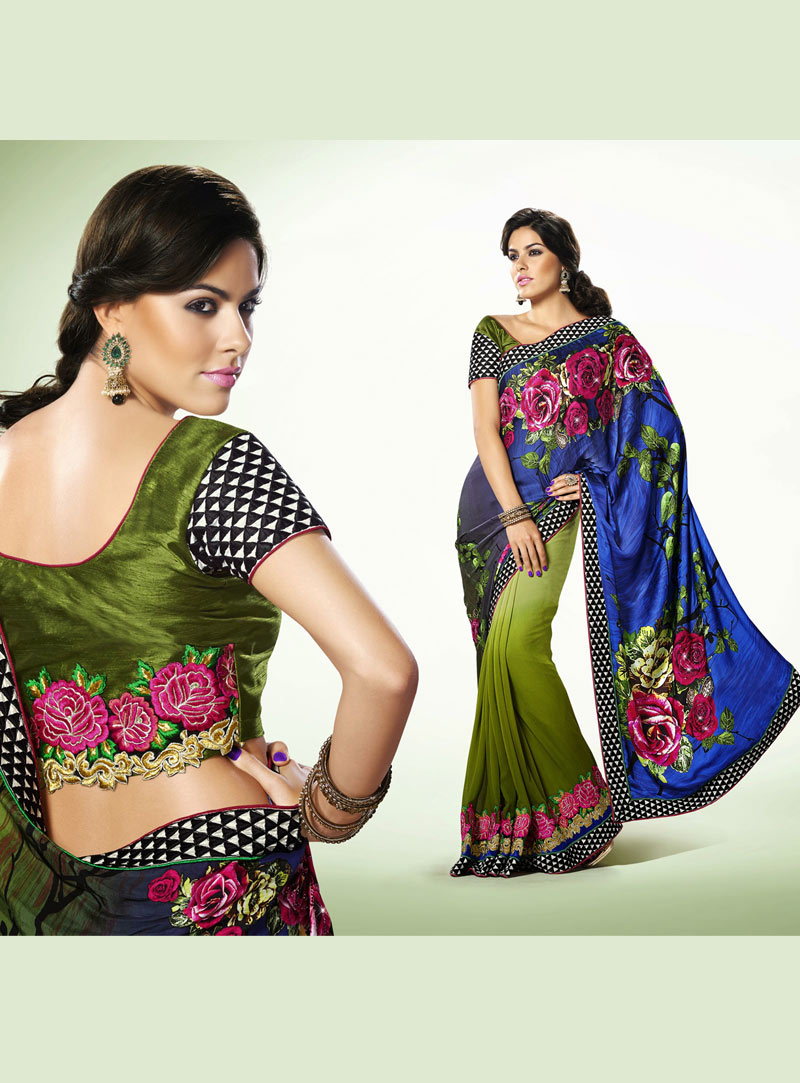 Blue and Mehndi Green Floral Patch Work Party Wear Saree 39301