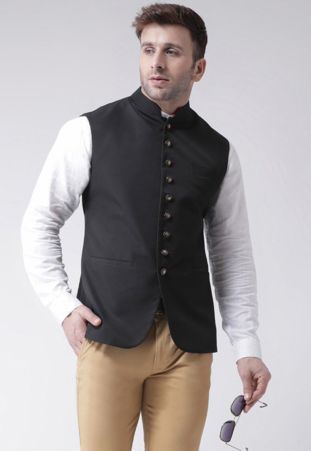 Solid Color Suede Nehru Jacket in Black : MXX889