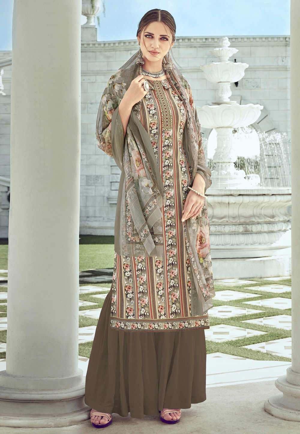 Brown Pure Crepe Palazzo Suit 199812