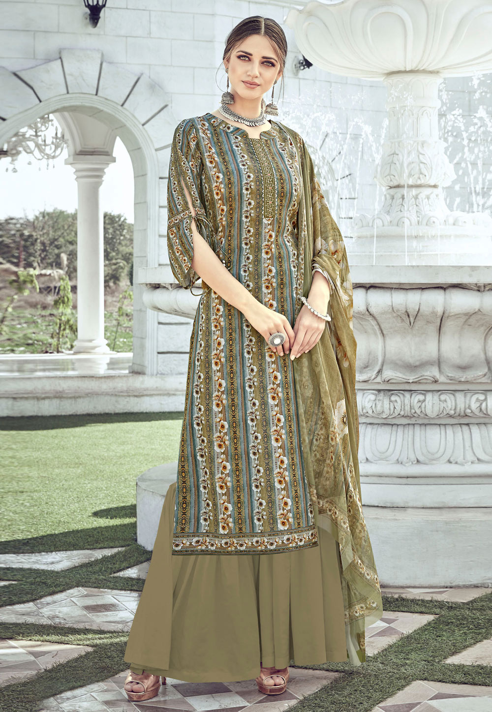 Olive Green Pure Crepe Kameez With Palazzo 199813