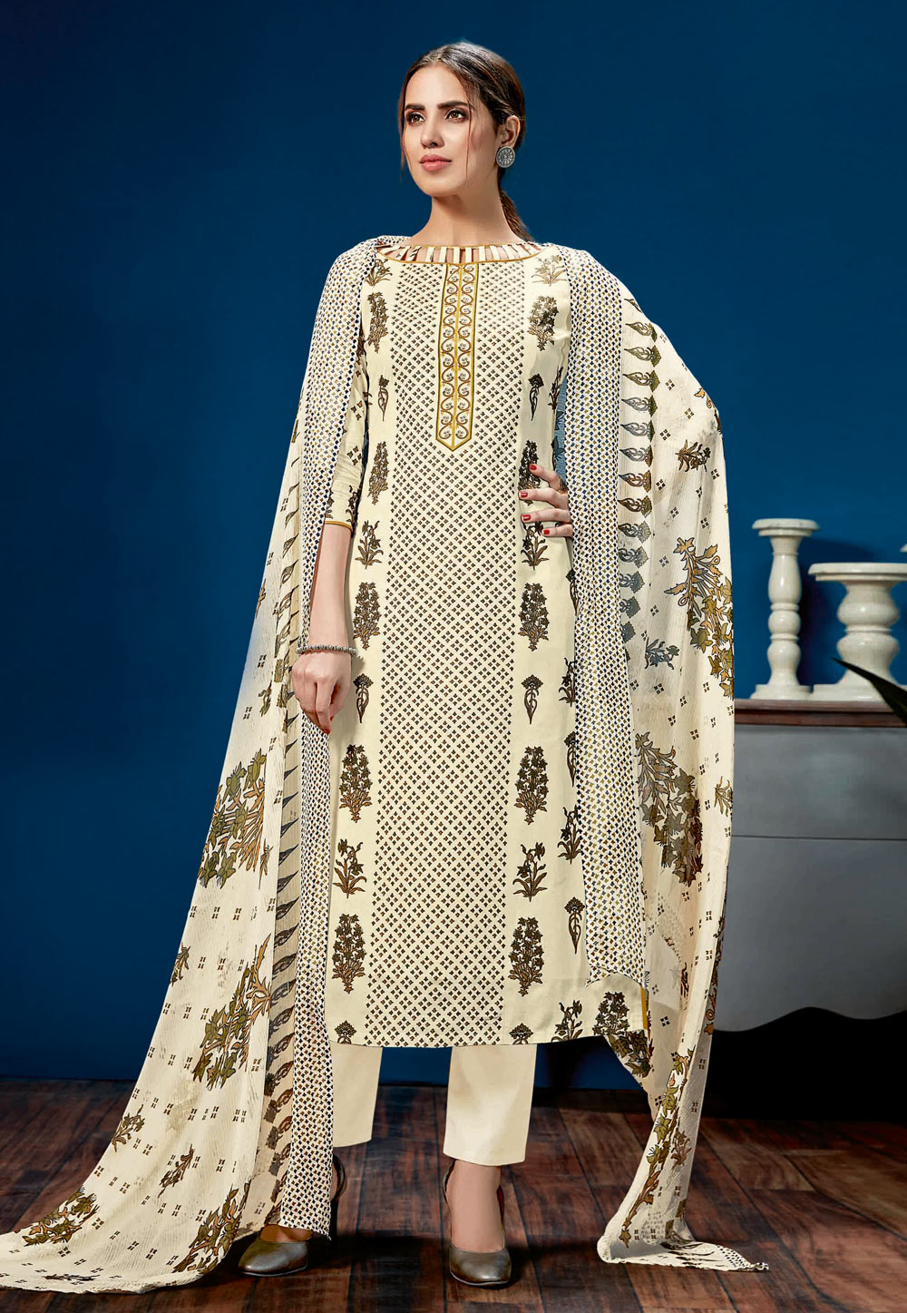 Cream Cotton Printed Kameez With Pant 199983