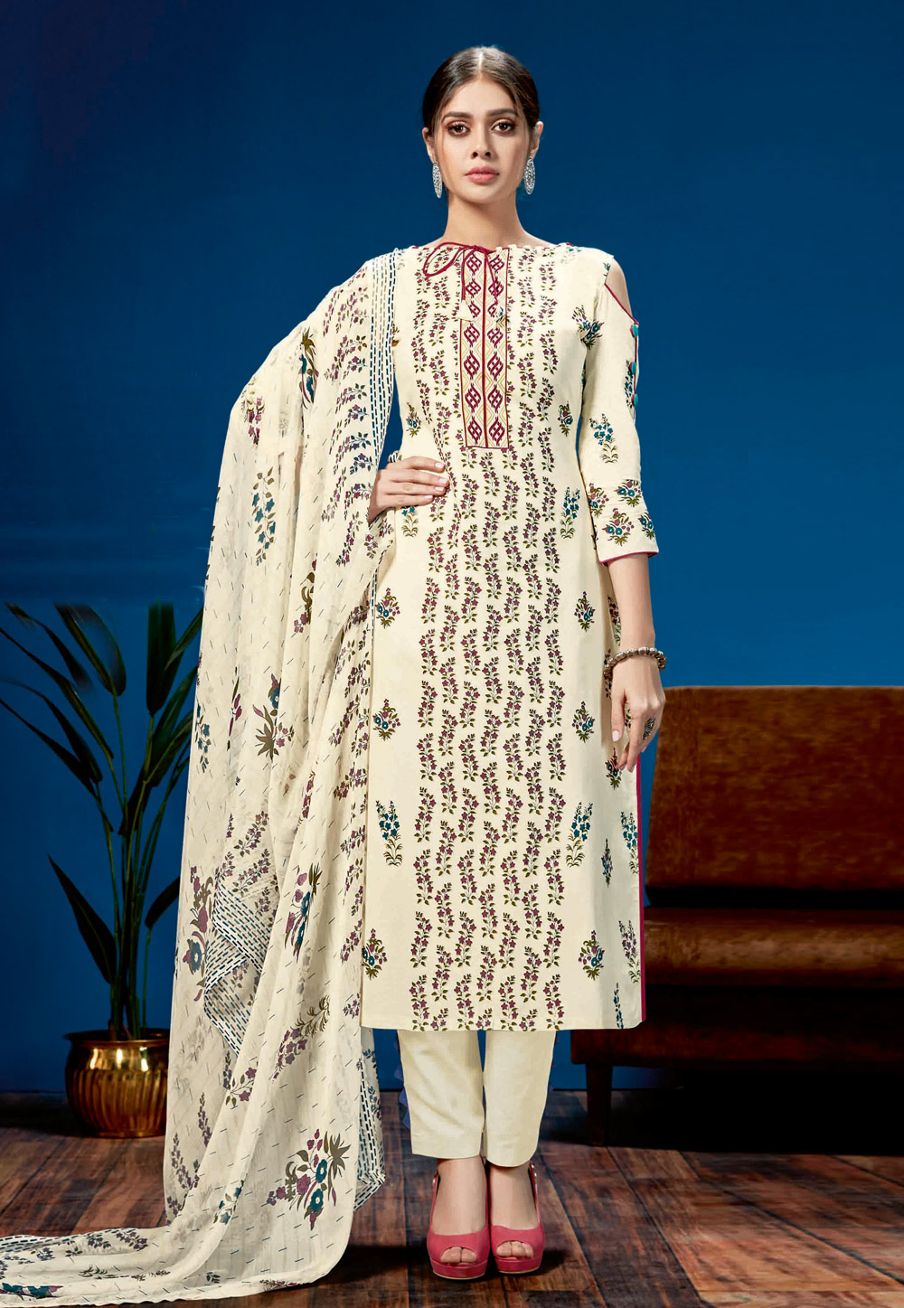 Cream Cotton Printed Kameez With Pant 199989
