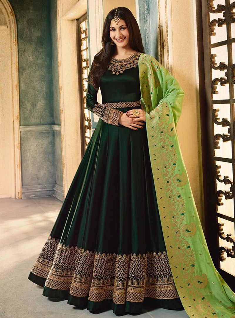 Green Satin Abaya Style Anarkali Suit 153511