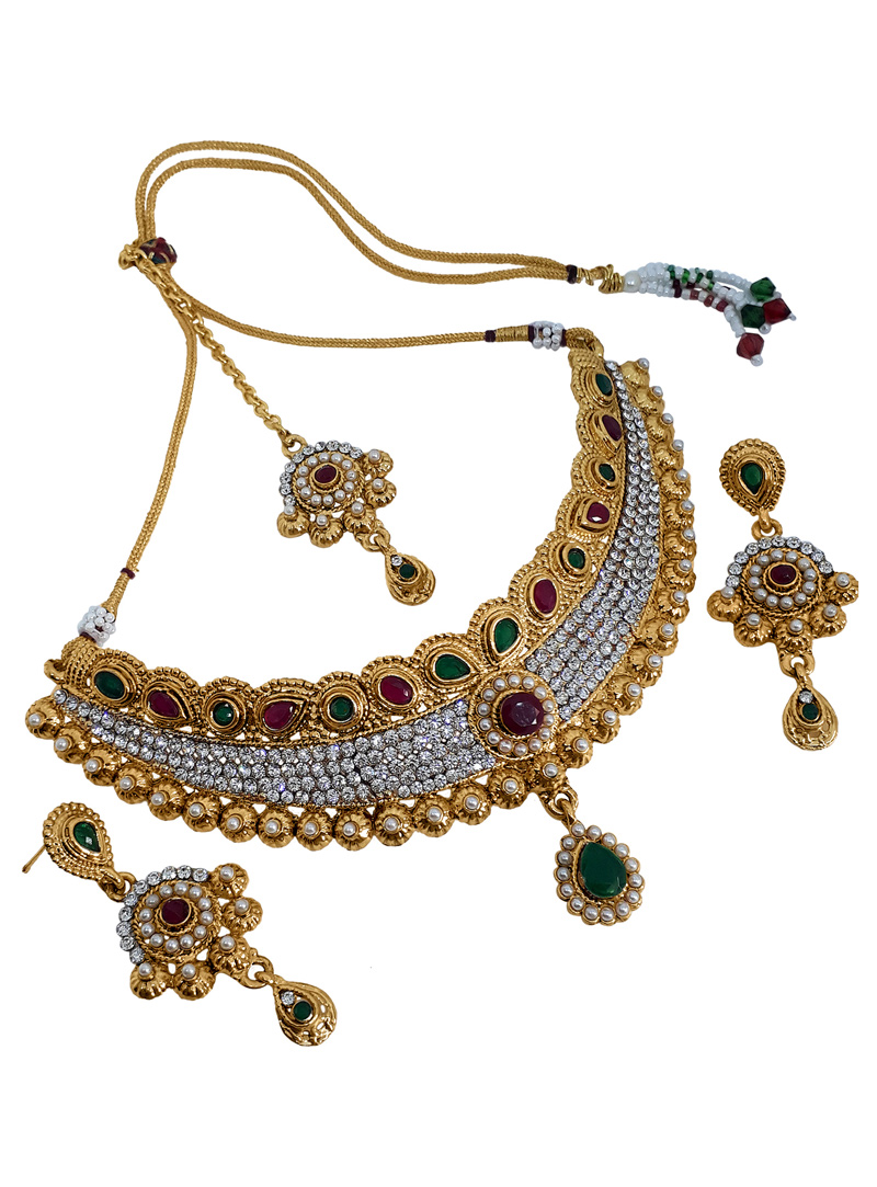 White Alloy Austrian Diamond Necklace With Earrings and Maang Tikka 153163