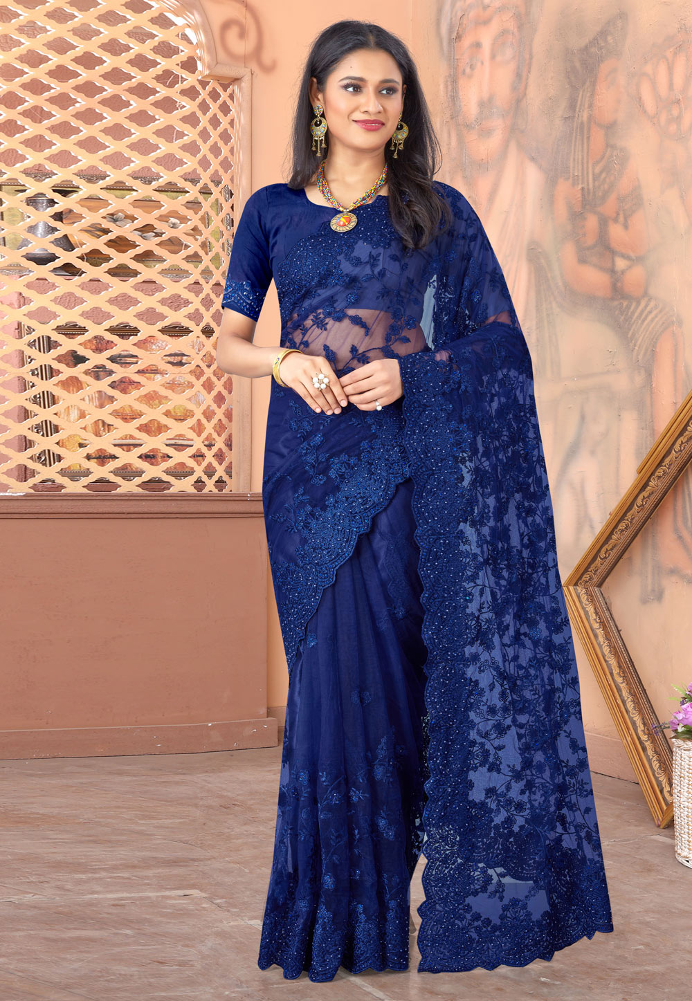 Blue Net Saree With Blouse 230548