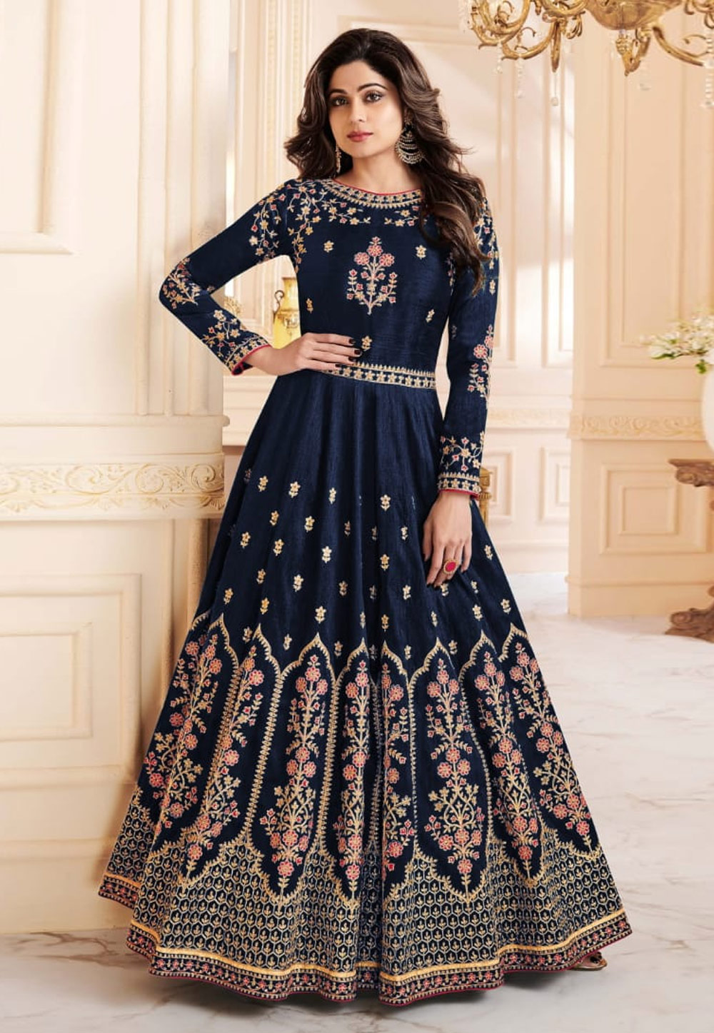 Shamita Shetty Navy Blue Silk Abaya Style Anarkali Suit 163628