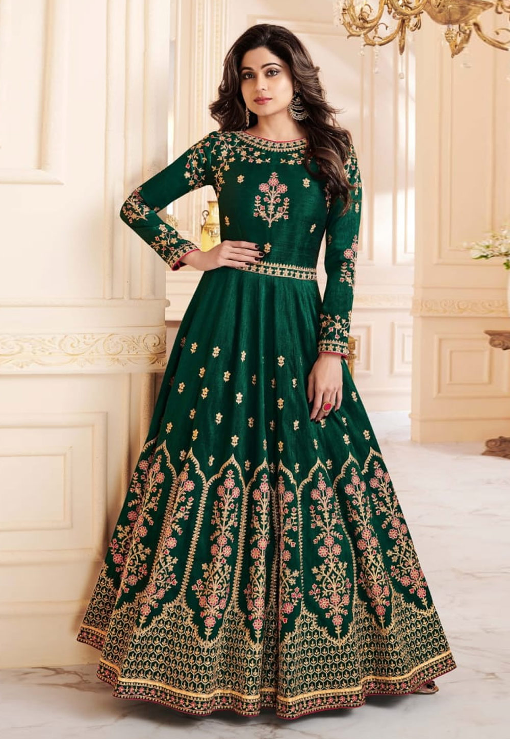 Shamita Shetty Green Silk Long Anarkali Suit 163629