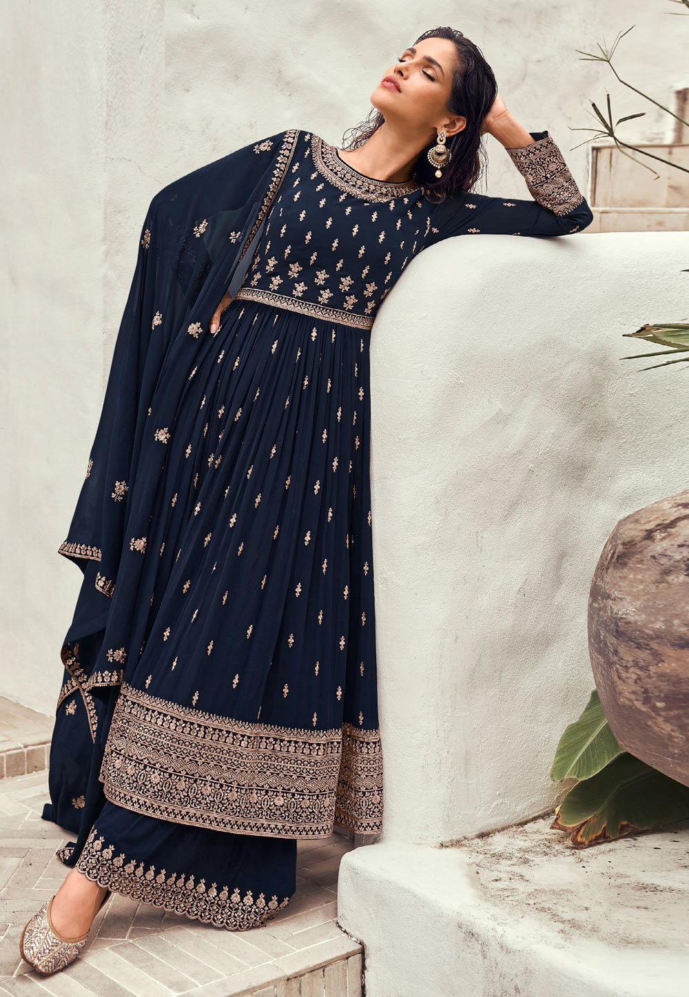 Navy Blue Georgette Palazzo Suit 256048