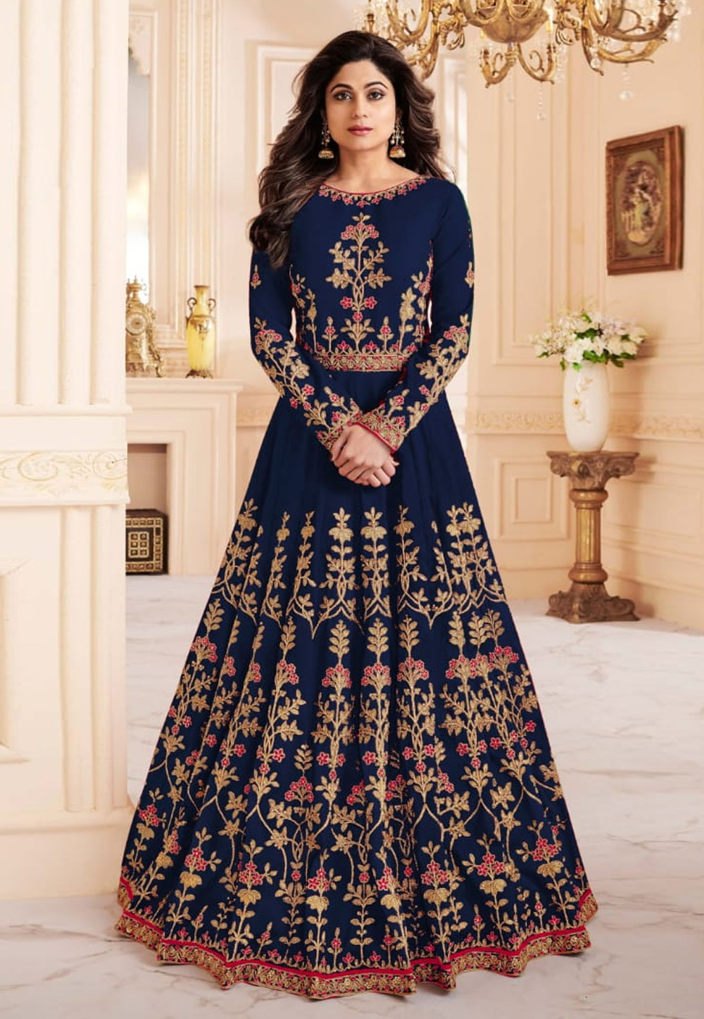 Shamita Shetty Navy Blue Silk Floor Length Anarkali Suit 163633