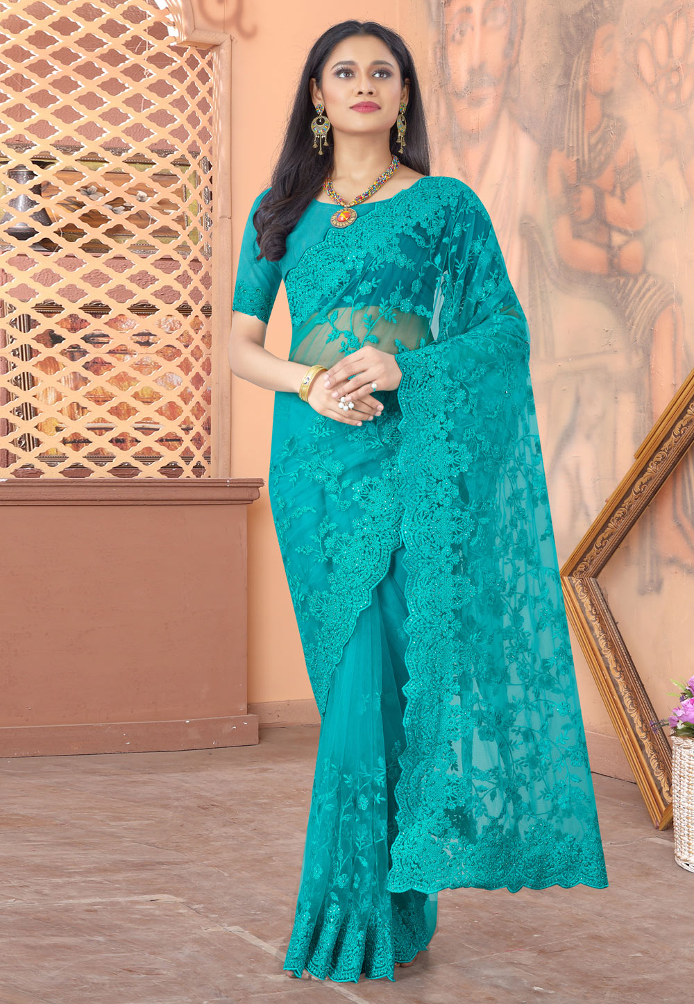 Turquoise Net Saree With Blouse 230550