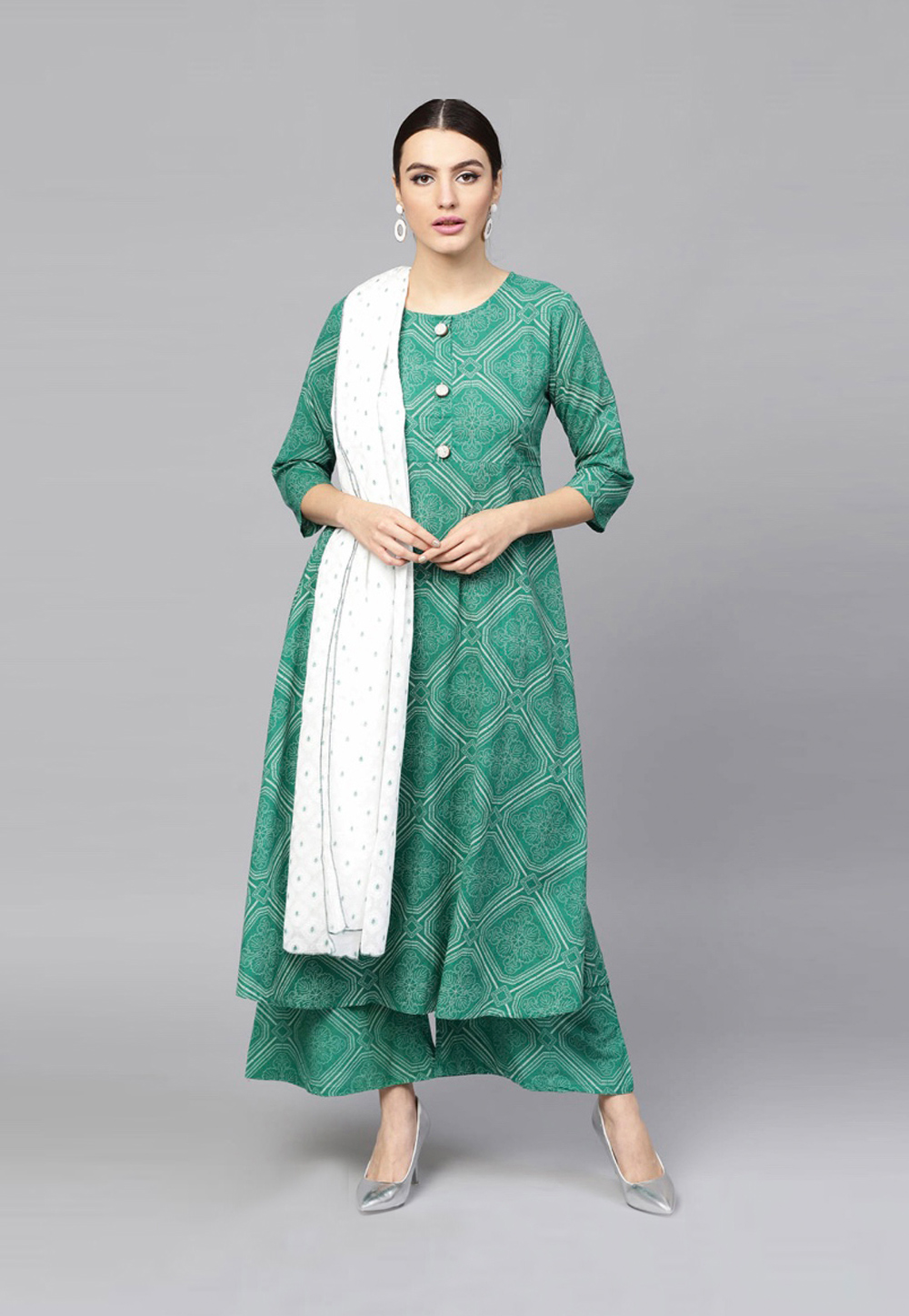 Green Pure Cotton Readymade Palazzo Suit 203028