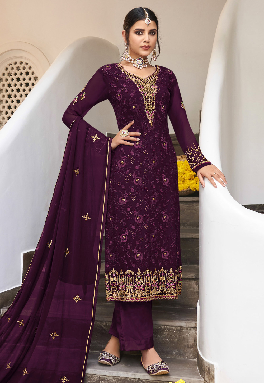 Purple Georgette Palazzo Suit 255819
