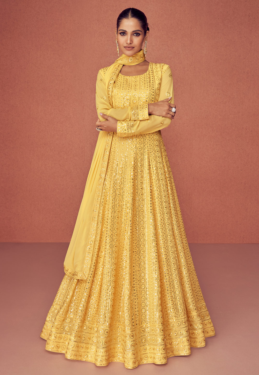 Yellow Georgette Abaya Style Anarkali Suit 250063