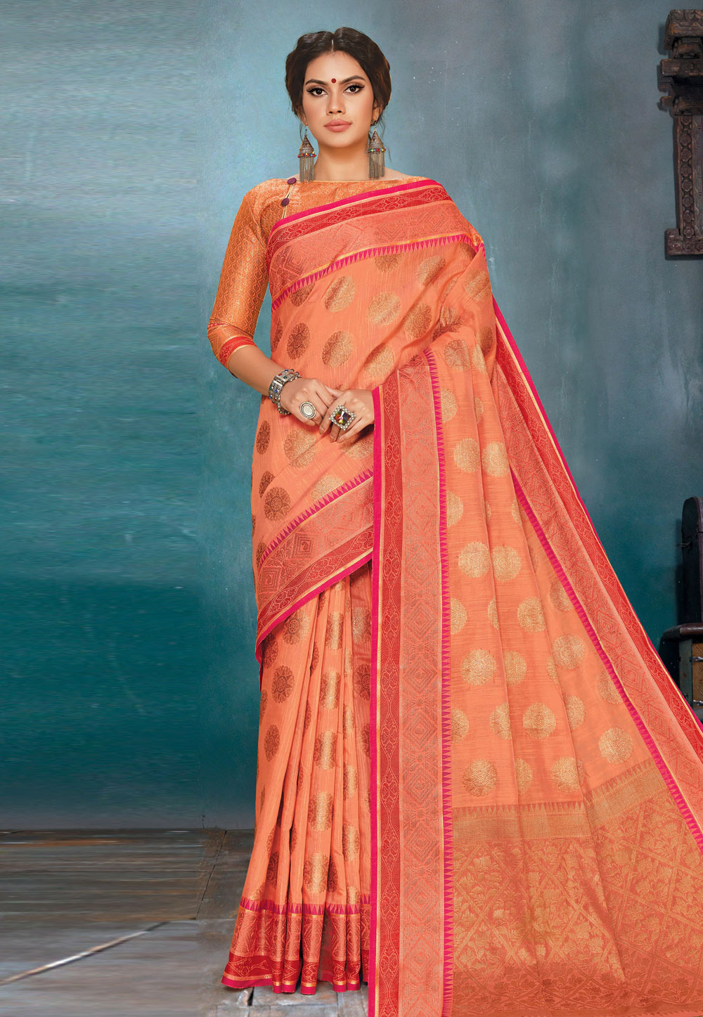 Peach Linen Saree With Blouse 200211
