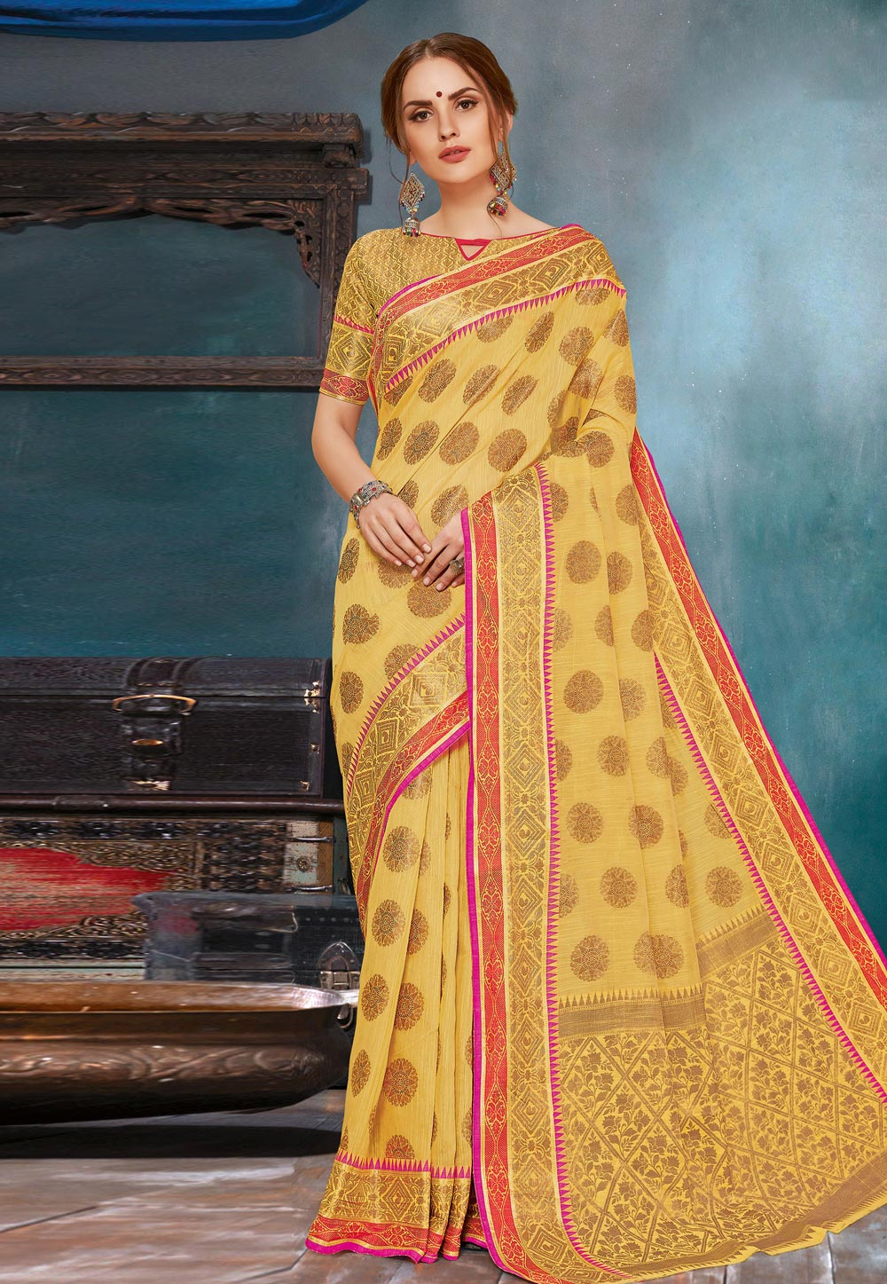 Yellow Linen Saree With Blouse 200215