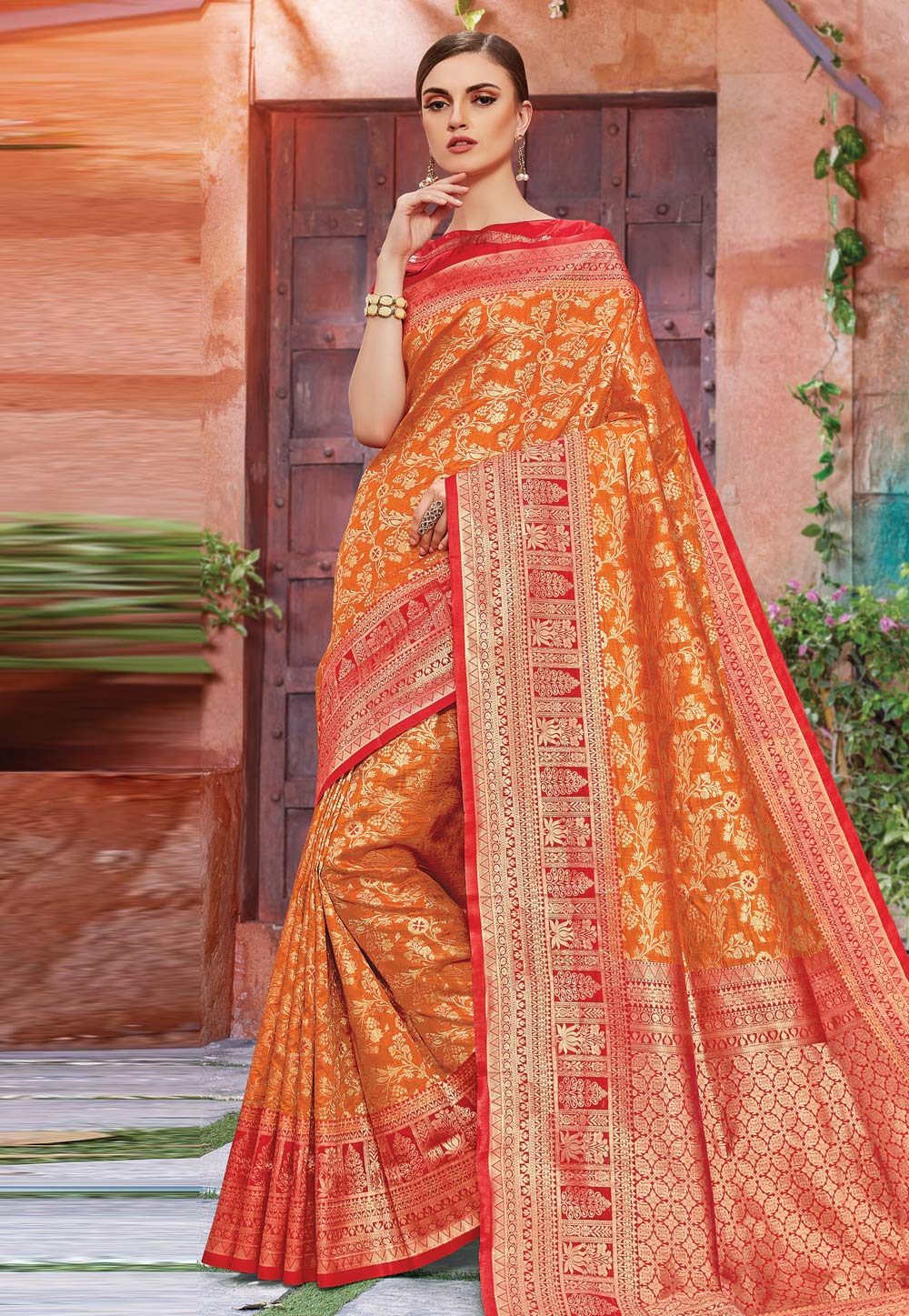 Orange Banarasi Silk Saree With Blouse 200250