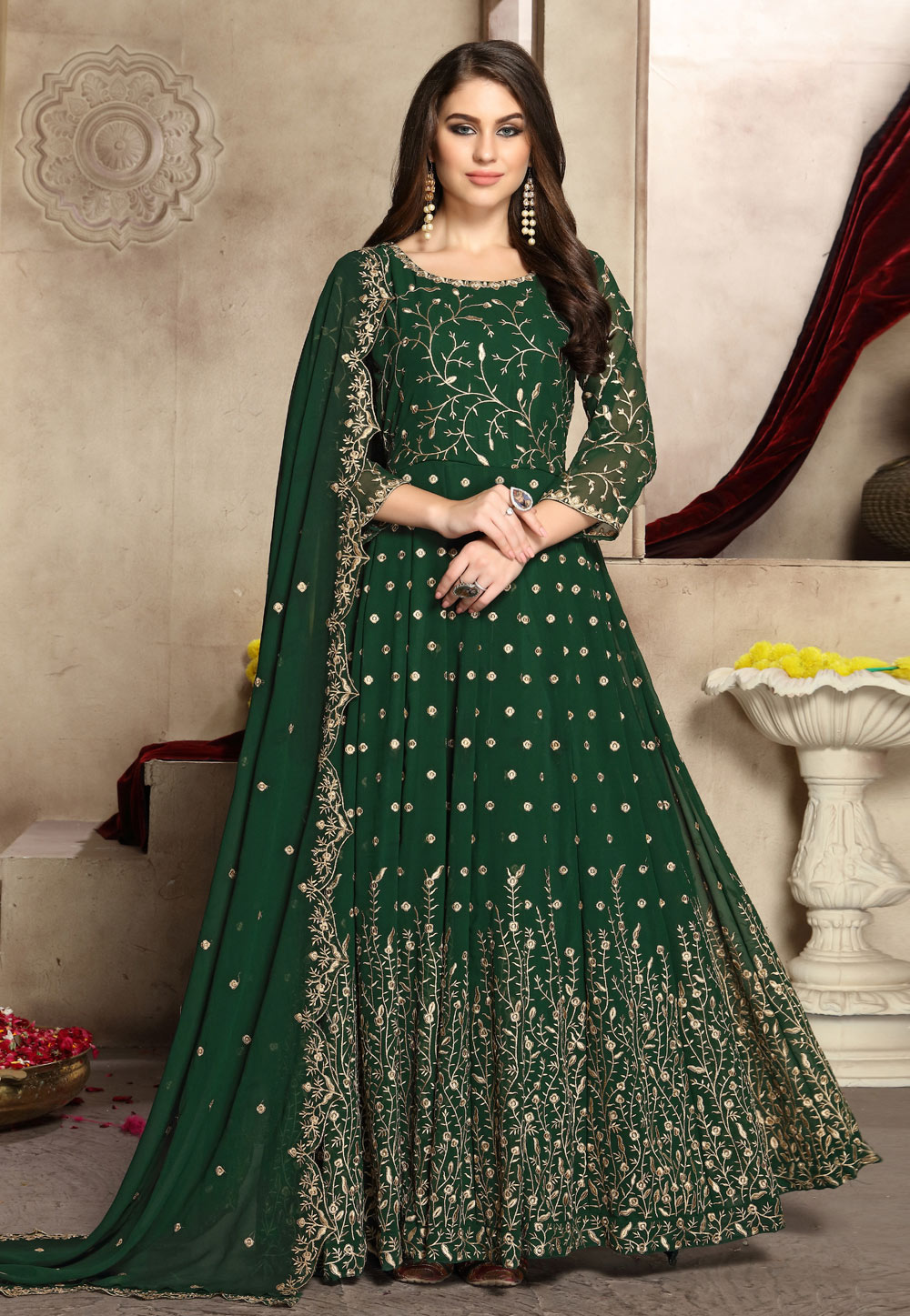 Green Georgette Embroidered Long Anarkali Suit 186245
