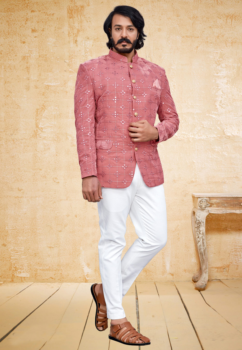 Pink Velvet Jodhpuri Suit 249337