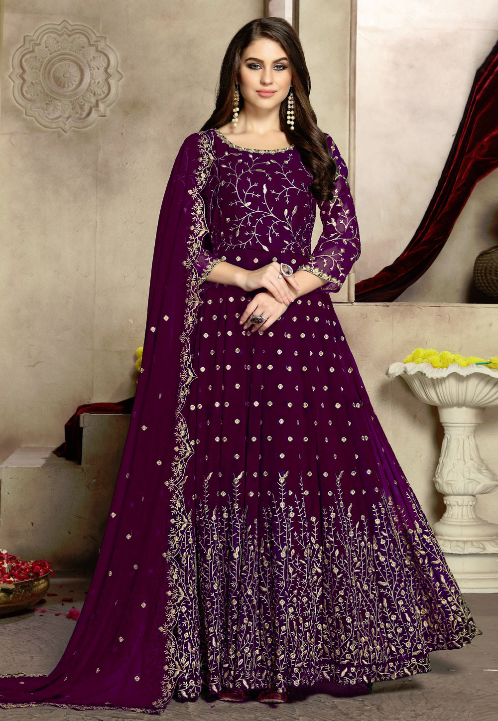 Purple Georgette Embroidered Abaya Style Anarkali Suit 186246