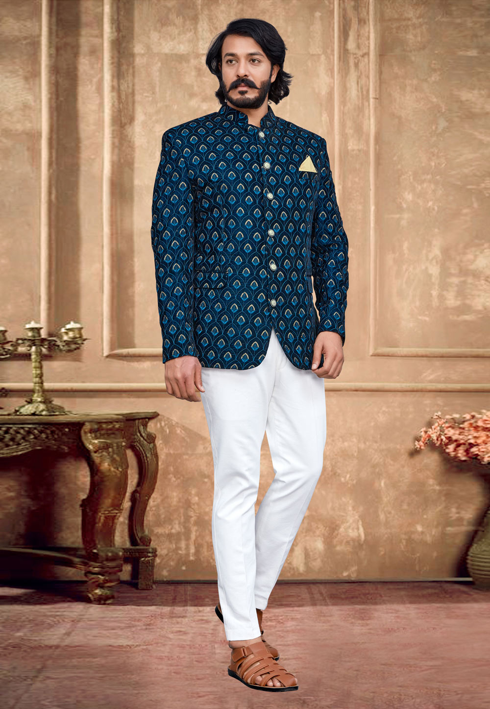 Teal Velvet Jodhpuri Suit 249338