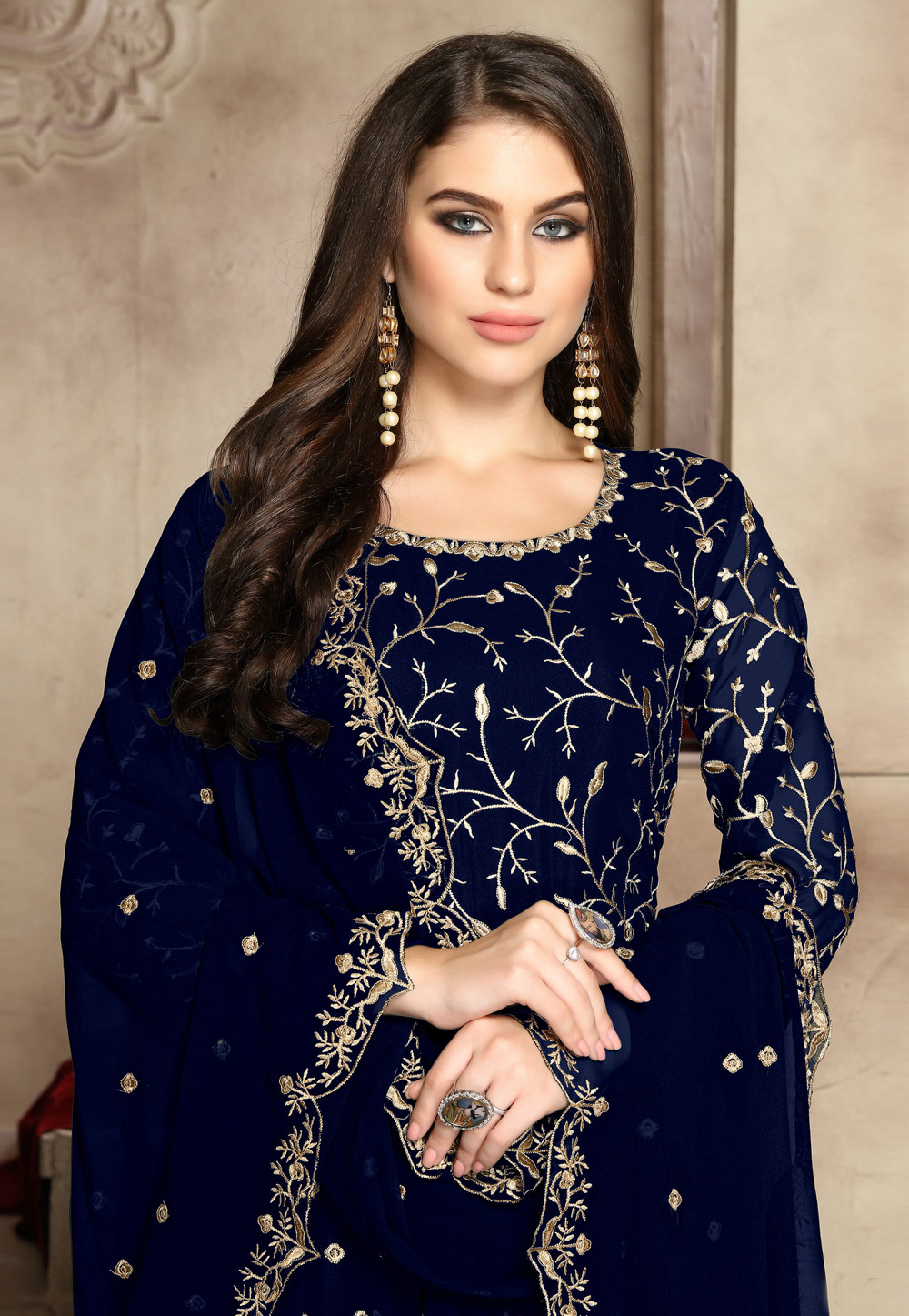 Navy Blue Color Georgette Embroidered Anarkali Dress