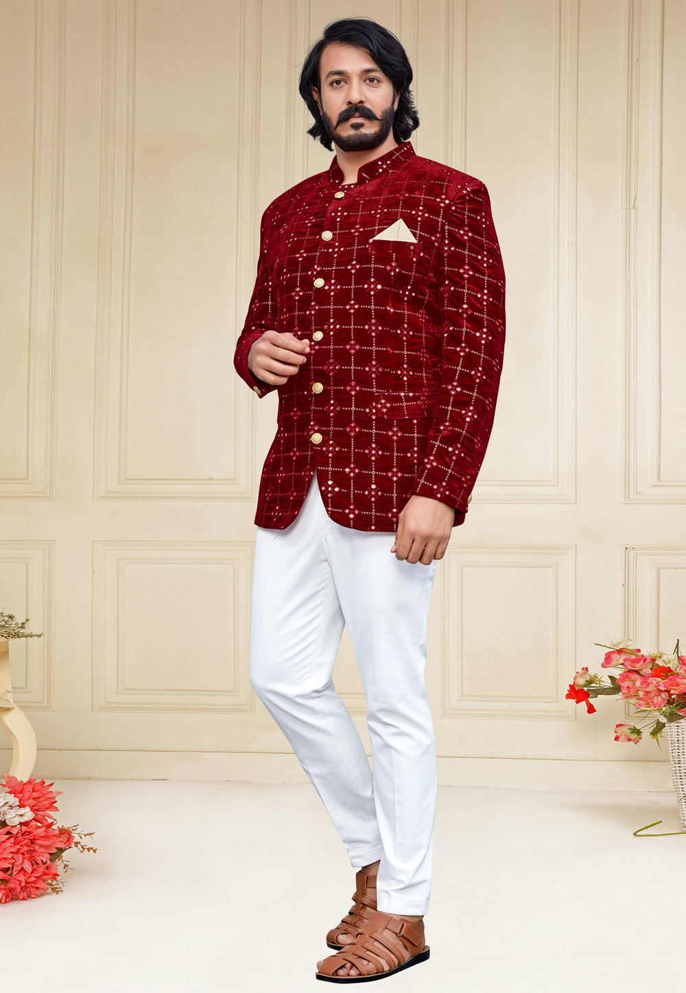 Maroon Velvet Jodhpuri Suit 249340