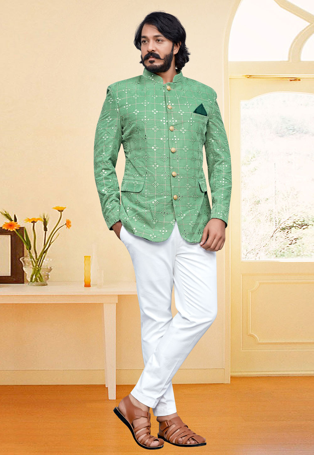 Pista Green Velvet Jodhpuri Suit 249342