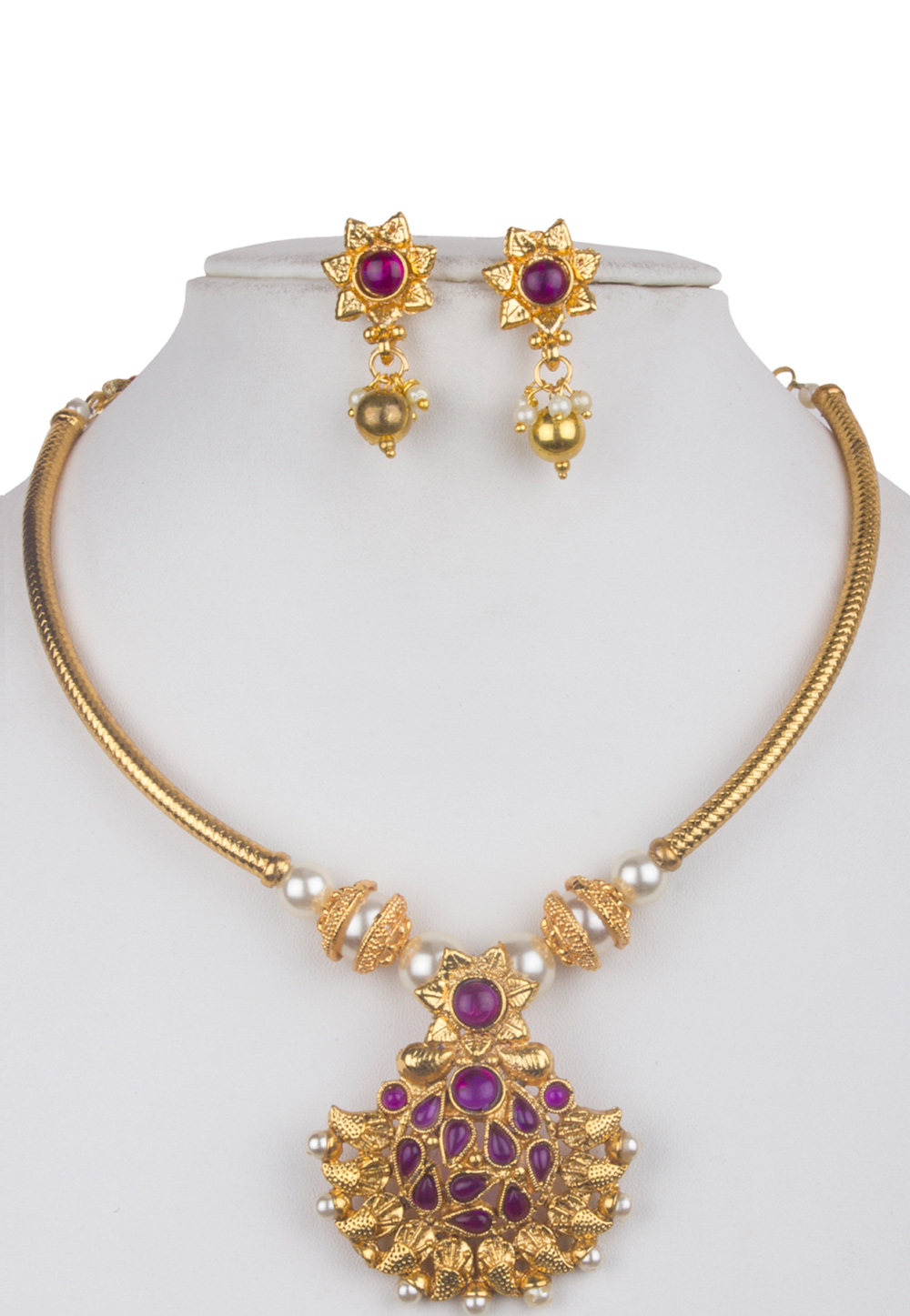 Purple Alloy Kundan Necklace With Earrings 156266