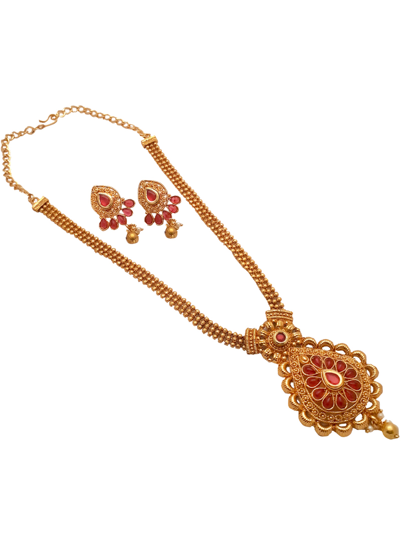 Pink Alloy Kundan Necklace With Earrings 148765