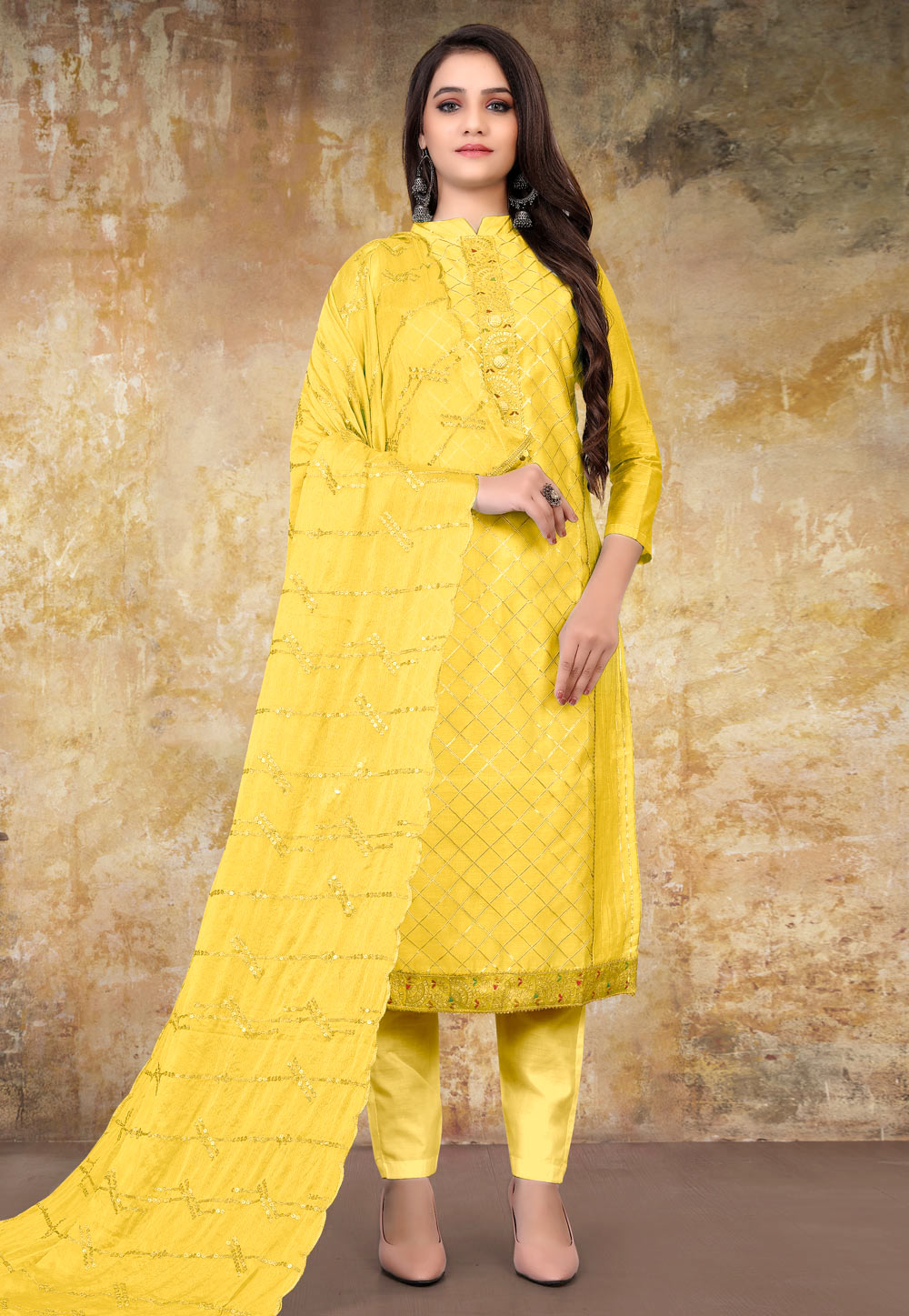 Yellow Chanderi Kameez With Pant 233165