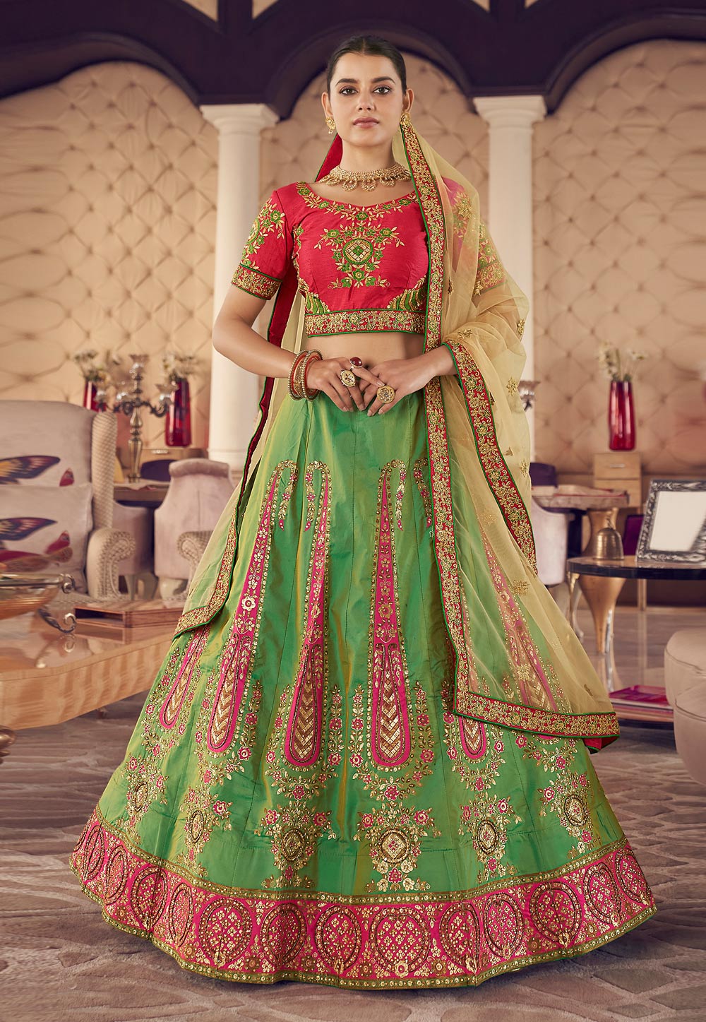 Light Green & Pink Wedding Wear Floral Embroidered With Woven Banarasi Silk  Lehenga Choli