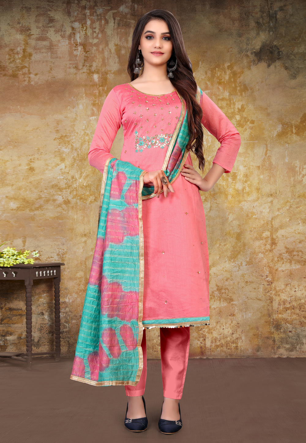 Pink Chanderi Pant Style Suit 233166