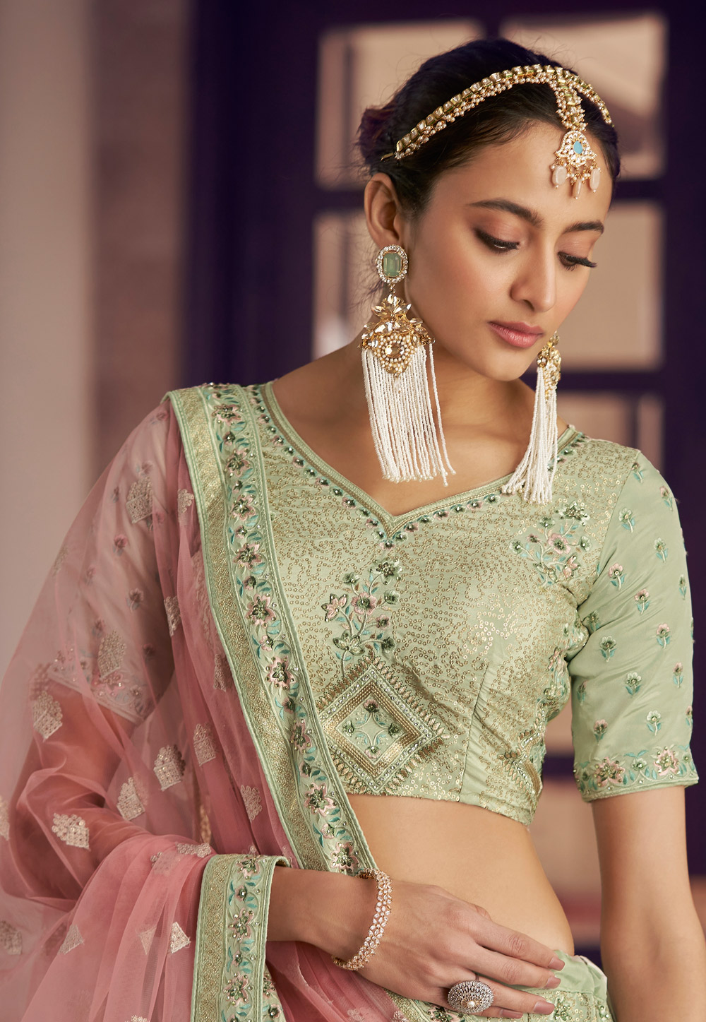 Pista Green Crepe A Line Lehenga Choli 241255