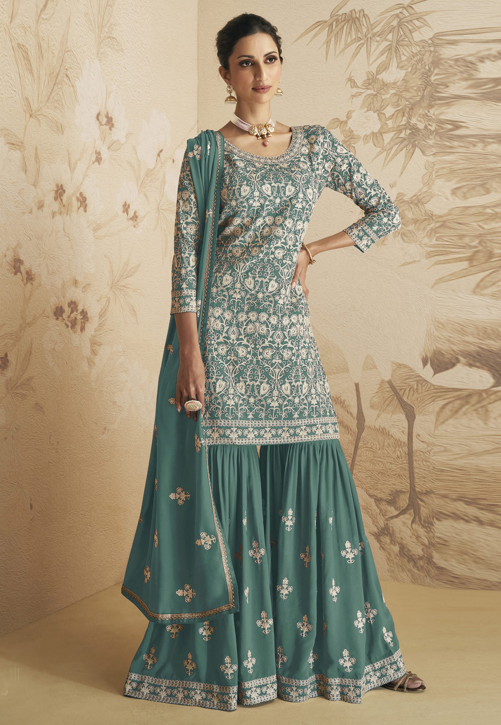 Sea Green Faux Georgette Embroidered Sharara Suit 265650