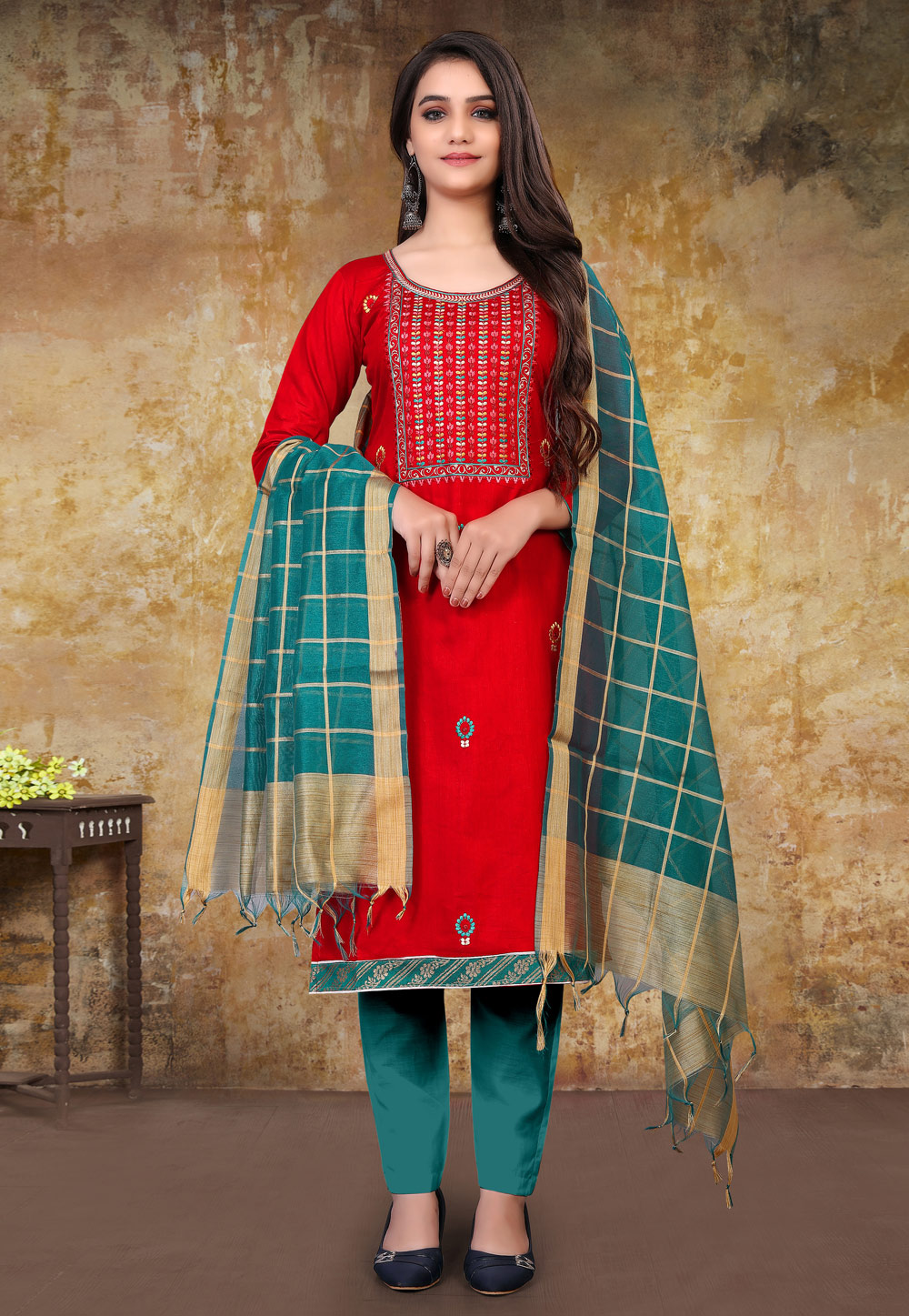 Red Cotton Kameez With Pant 233169