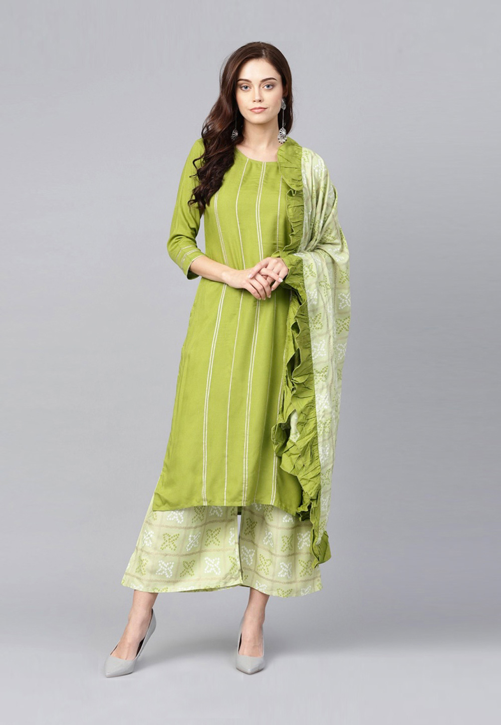 Green Pure Cotton Readymade Kameez With Palazzo 203033